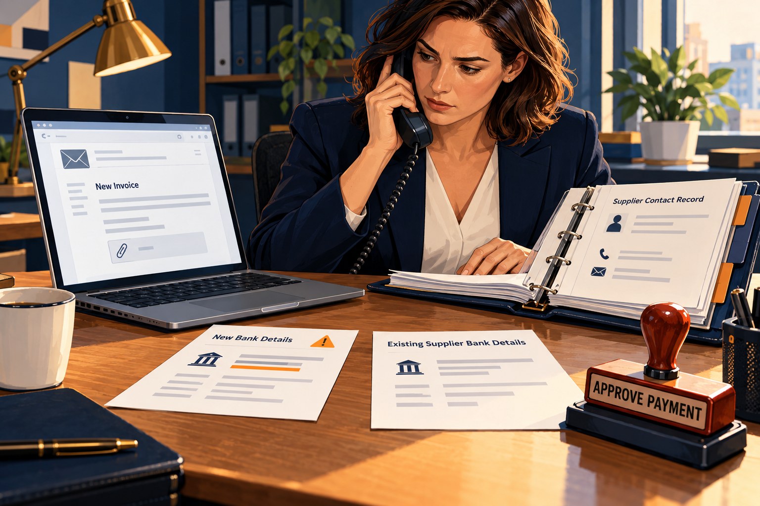 Illustration of a finance reviewer calling a supplier using an established contact record before approving changed bank details