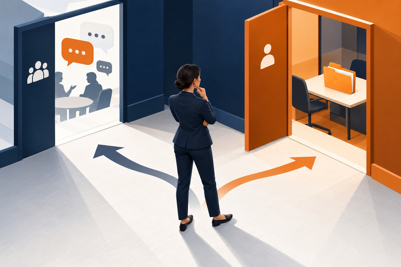 A coordinator choosing between a conversation space and a controlled guest workspace containing a project folder