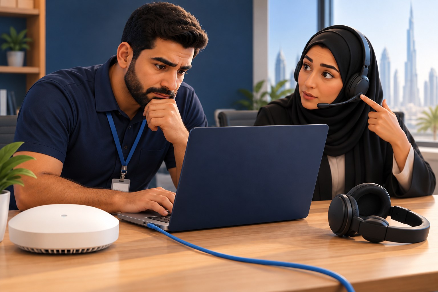 Illustration of a technician checking a laptop connection while a colleague identifies her headset as part of a call-quality investigation