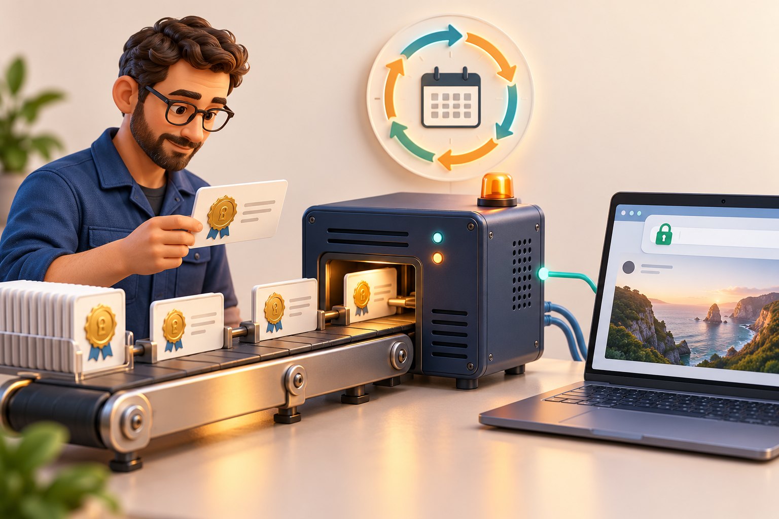 Concept illustration of a technician checking certificate cards on an automated renewal conveyor beside a web server and an independent laptop connection check