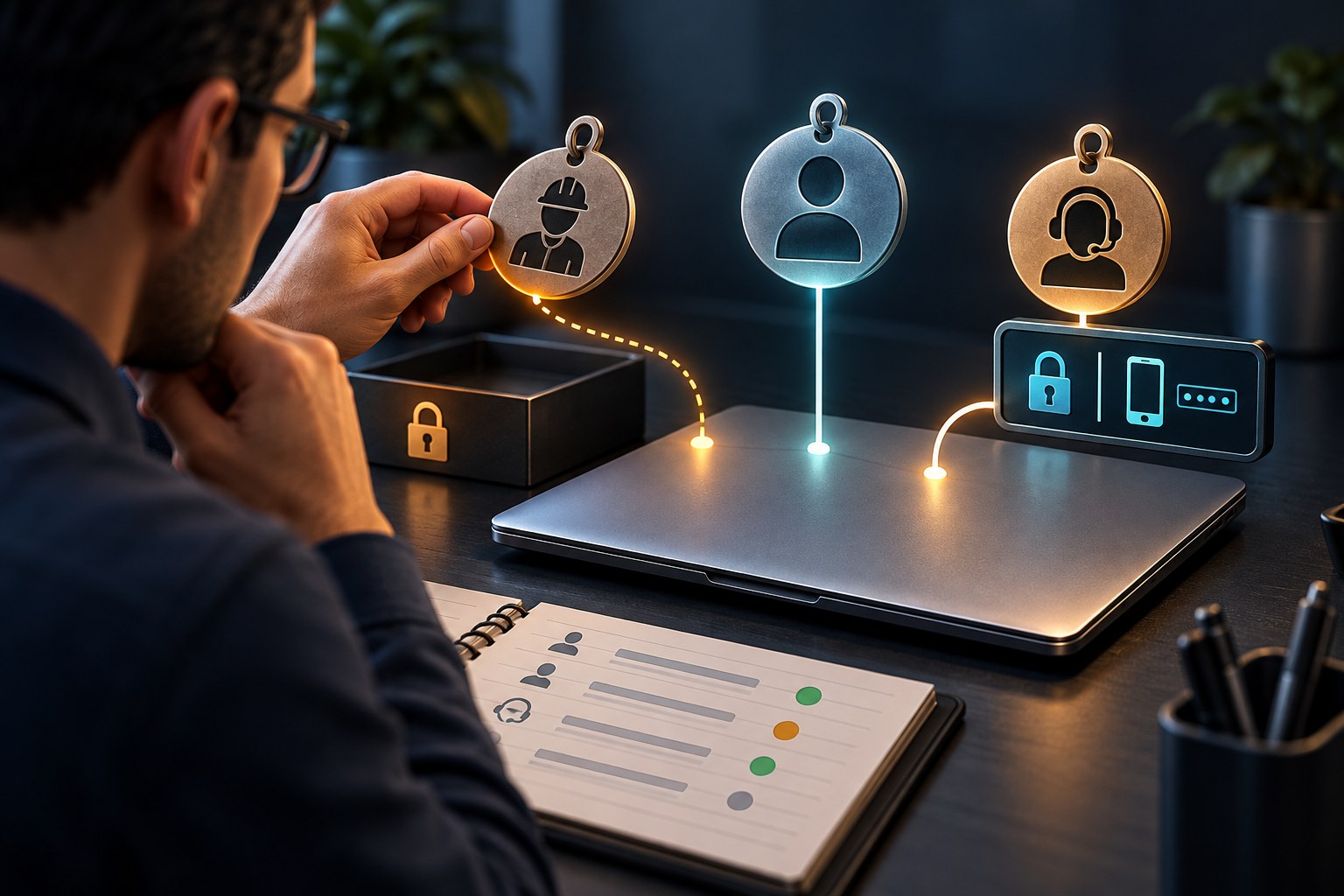 Concept illustration of an administrator retiring an old remote-access key while reviewing an authorised laptop connection and session ledger