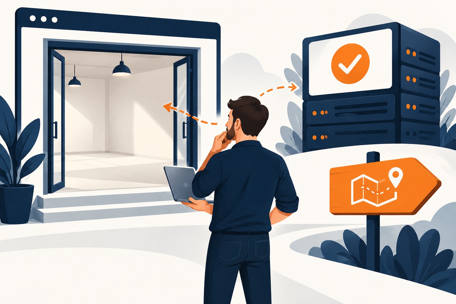 A developer comparing an empty website doorway with an incorrect success-status ticket