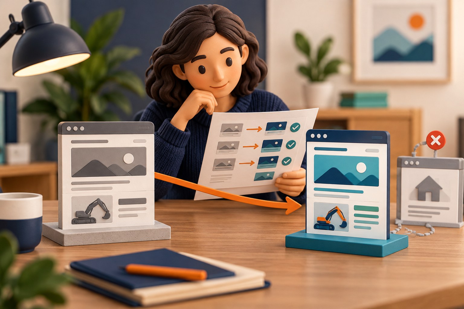 Concept illustration of a website manager checking a direct route from an old service page to its matching replacement rather than the homepage