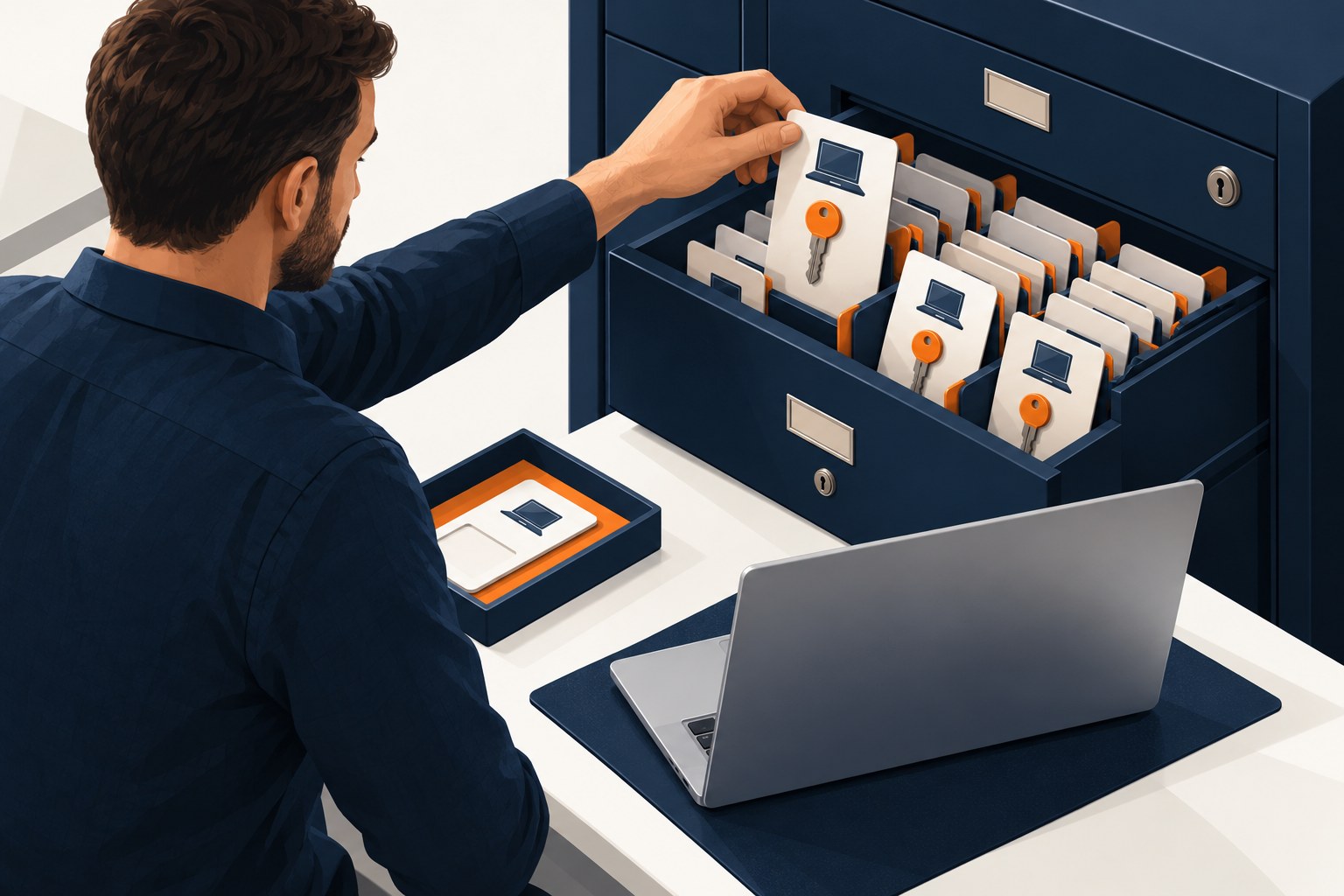 Concept illustration of an authorised technician retrieving a device-specific administrator key from a secured directory cabinet