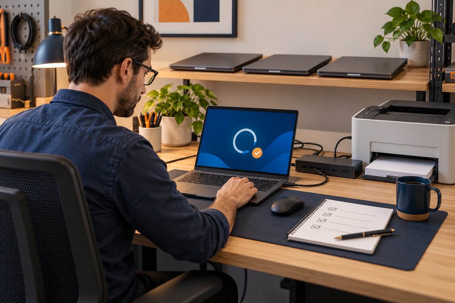 Illustrative technician checking a pilot laptop and printer while other laptops await rollout