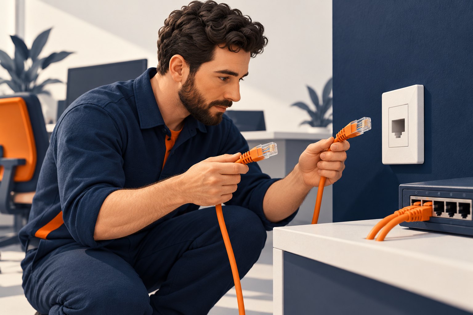 Concept illustration of an IT technician isolating a wired desk connection with a spare cable and network switch