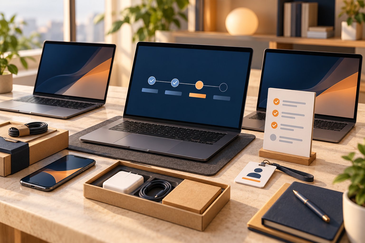 Concept illustration of business laptops and a phone prepared for employee onboarding