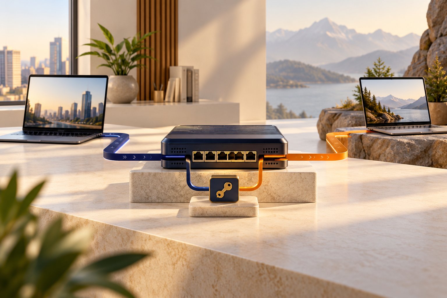 Concept illustration of two laptops separated by a controlled firewall gateway and access key