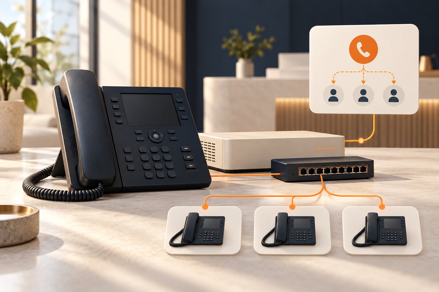 Concept illustration of an office IP telephone, PBX appliance and extension call routing