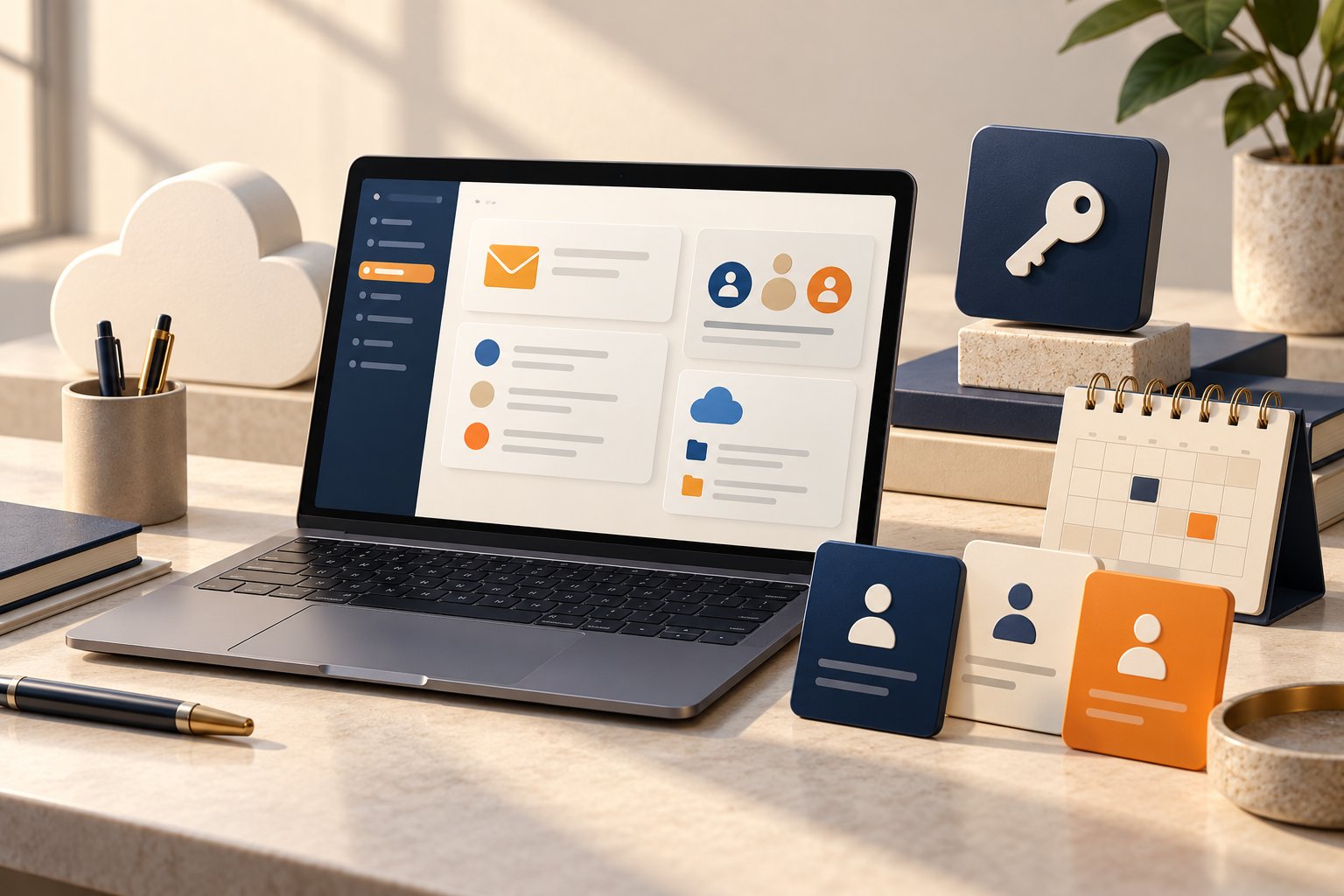 Concept illustration of cloud email and collaboration administration with account cards and an access key