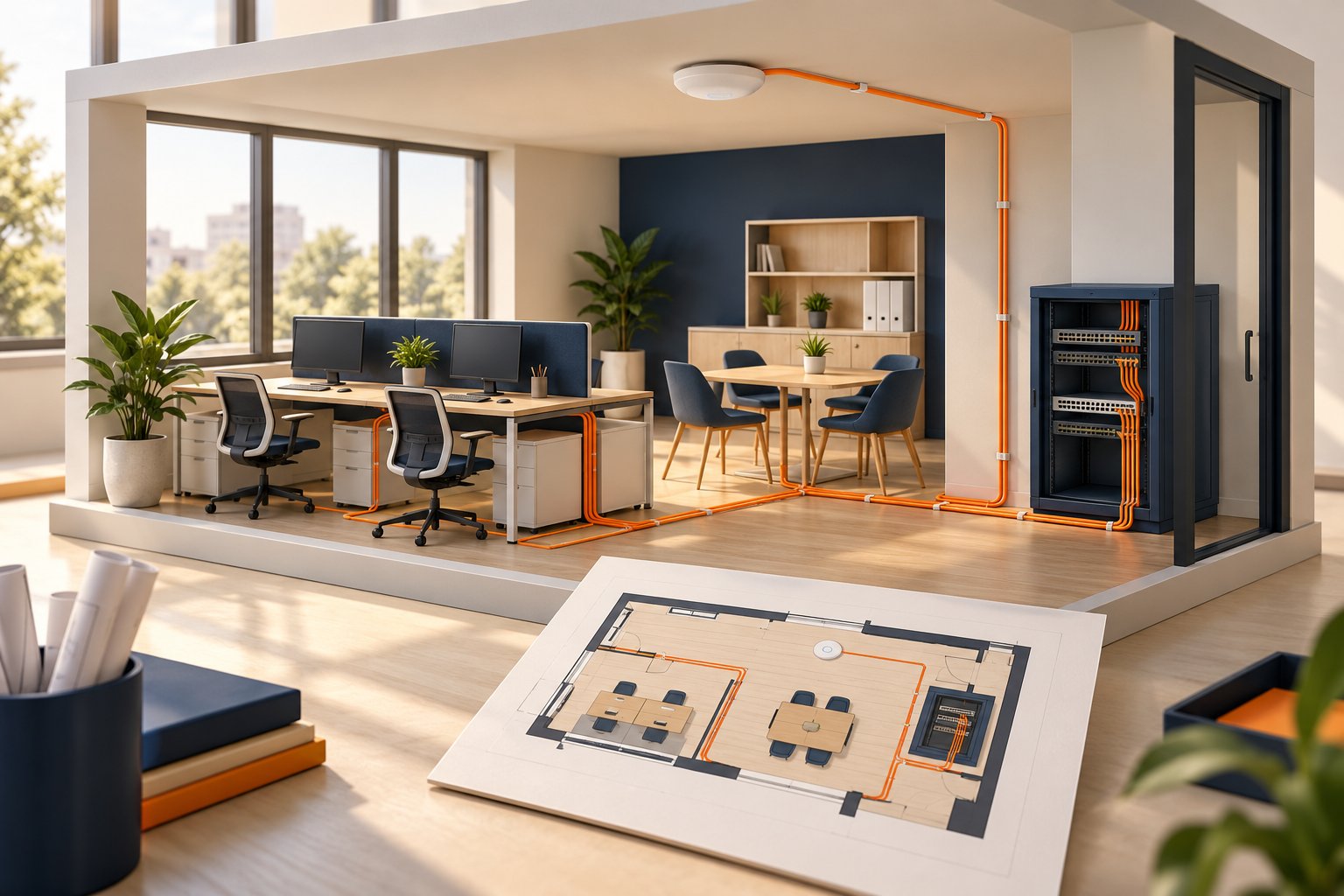 Concept illustration of a new office with computers, a network cabinet and a site planning card