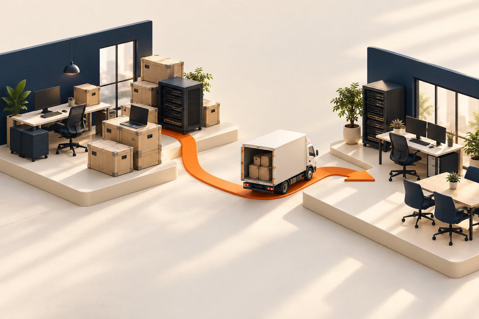 Concept illustration of two office platforms with equipment crates and a planned relocation route