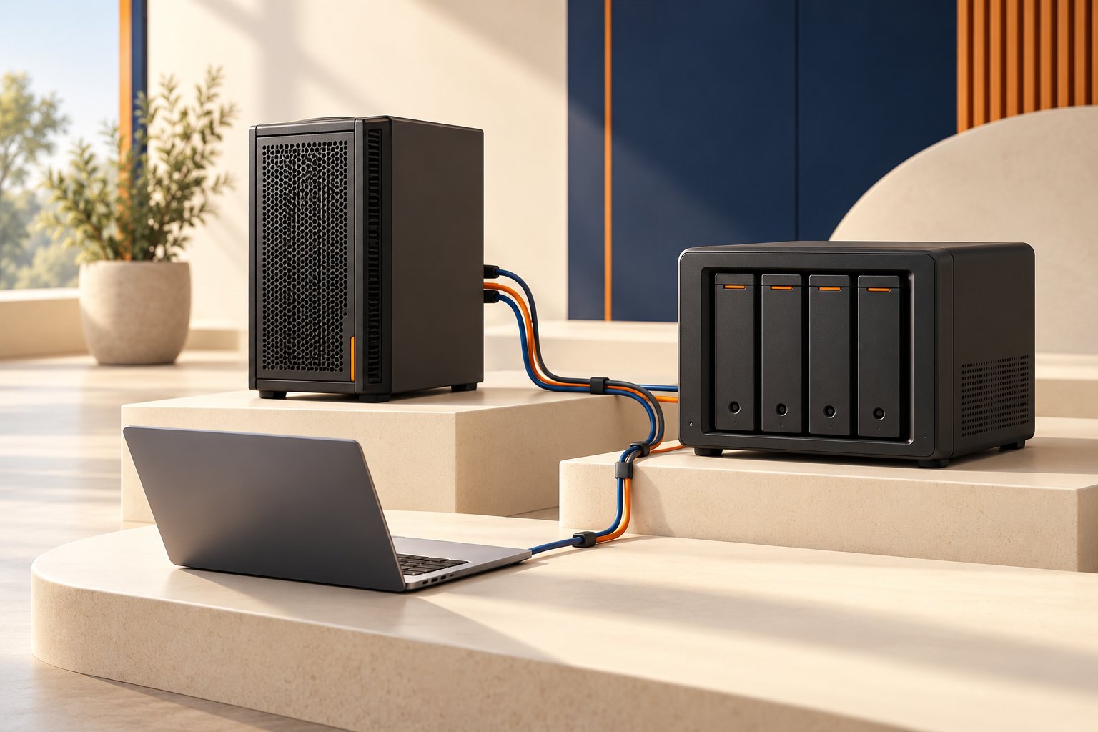 Concept illustration of a business server, four-bay NAS storage and laptop with organised connections