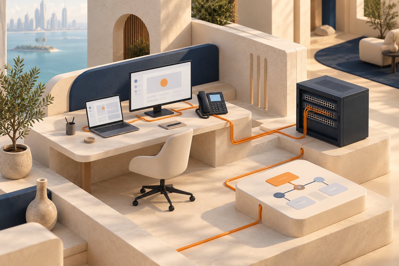 Concept illustration connecting office devices, a network cabinet and software workflow modules