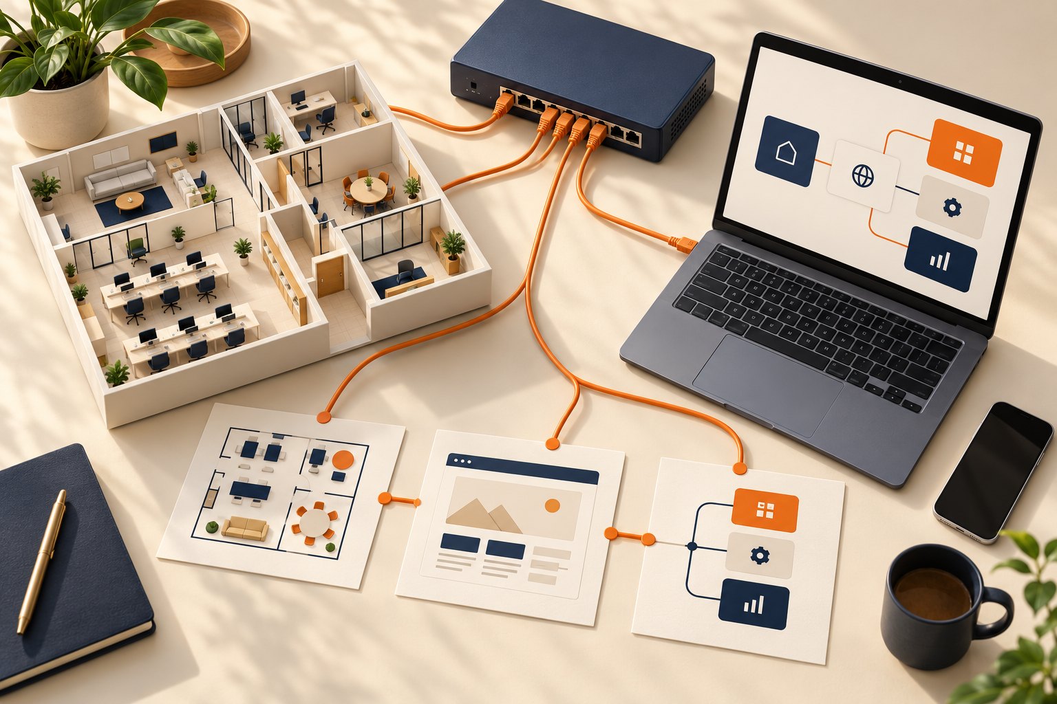 Concept illustration of an office plan, network switch, laptop workflow and planning cards