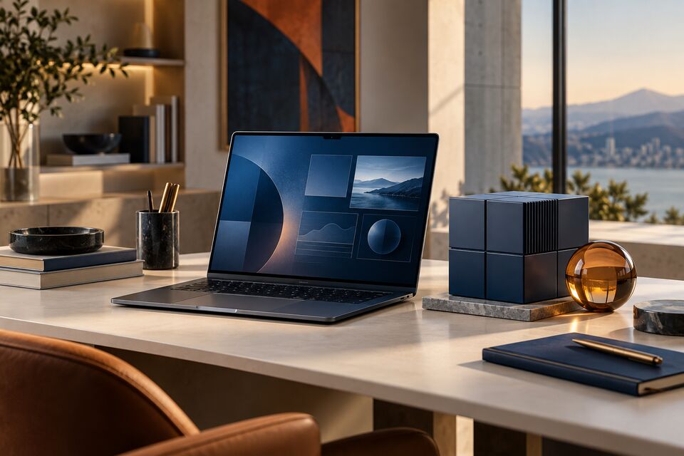 Illustrative laptop workspace representing business accounts and digital document handover