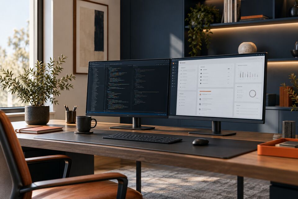 Illustrative development workspace with code and an application interface on two monitors