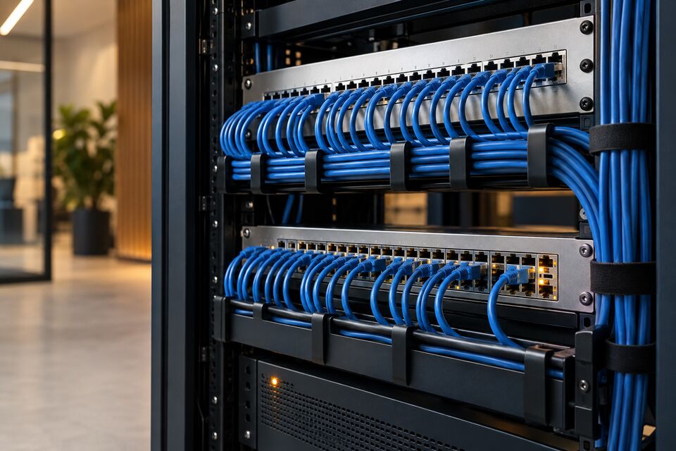 Illustrative network cabinet with organised Ethernet patch cables and switches