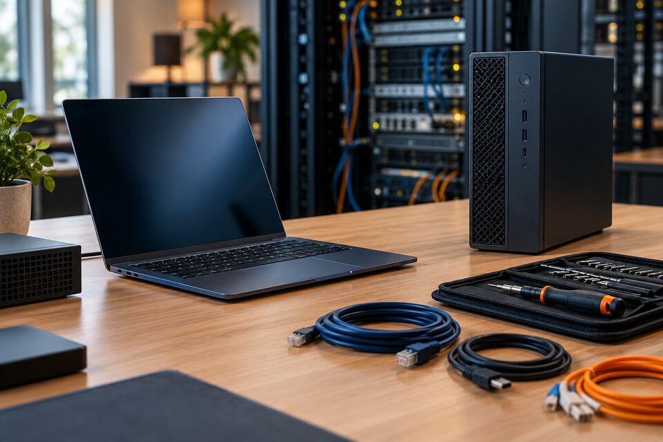 Laptop, desktop computer and maintenance tools in an illustrative IT workspace