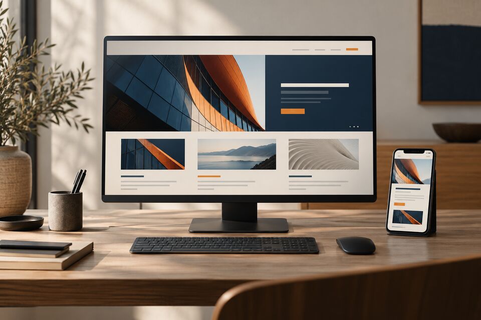 Illustrative responsive website layouts displayed on a desktop monitor and phone